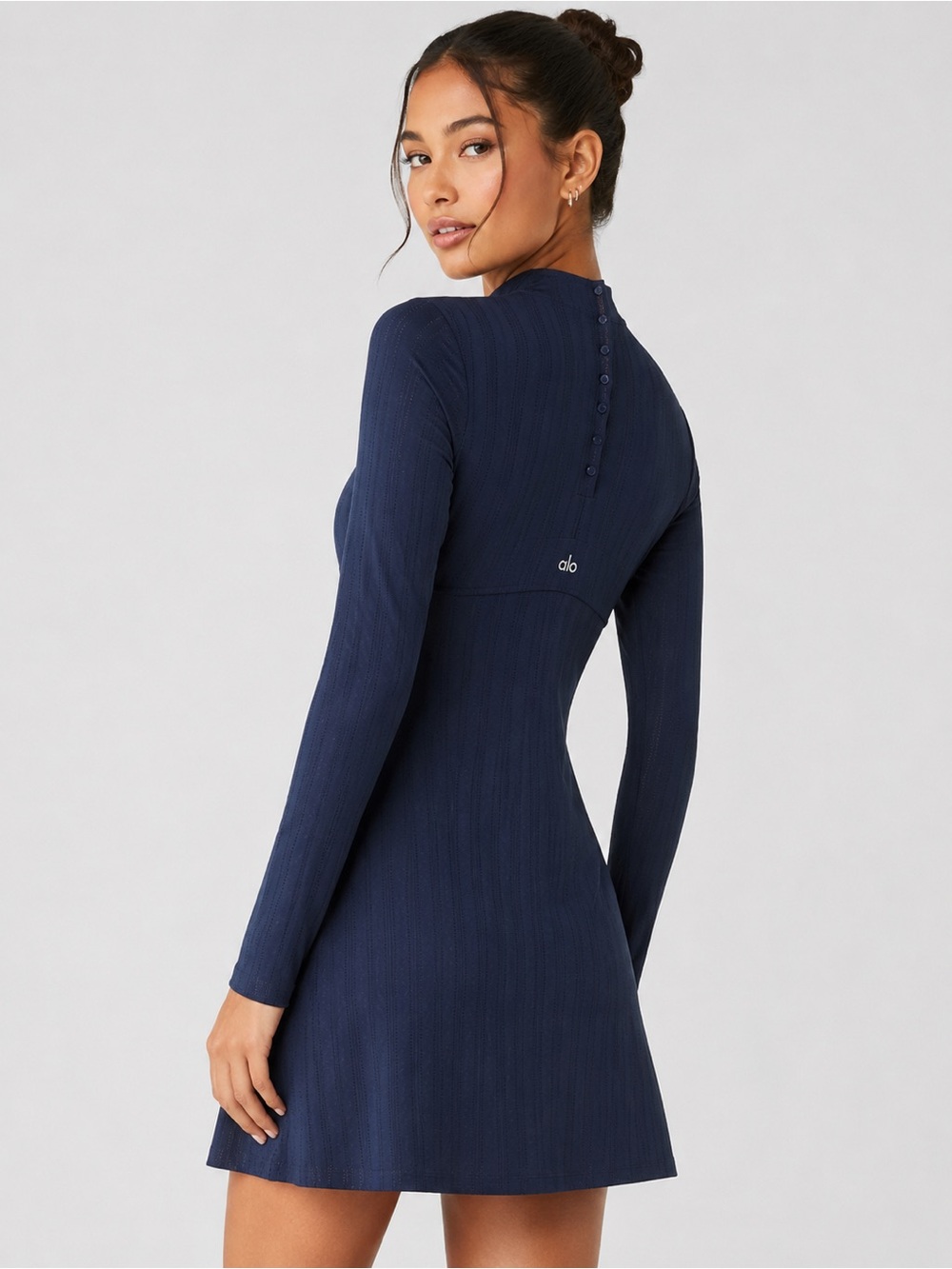 Alo euphoria Yoga Navy Pointelle Long Sleeve Dress Open Back Button size 6